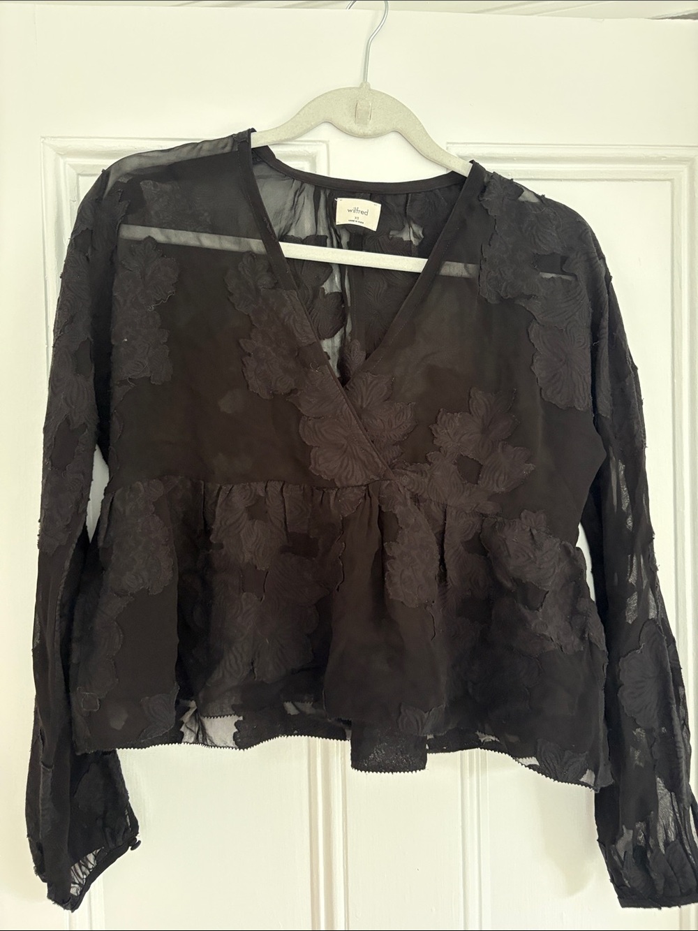 Aritzia Black Sheer Floral Appliqué V-Neck Blouse